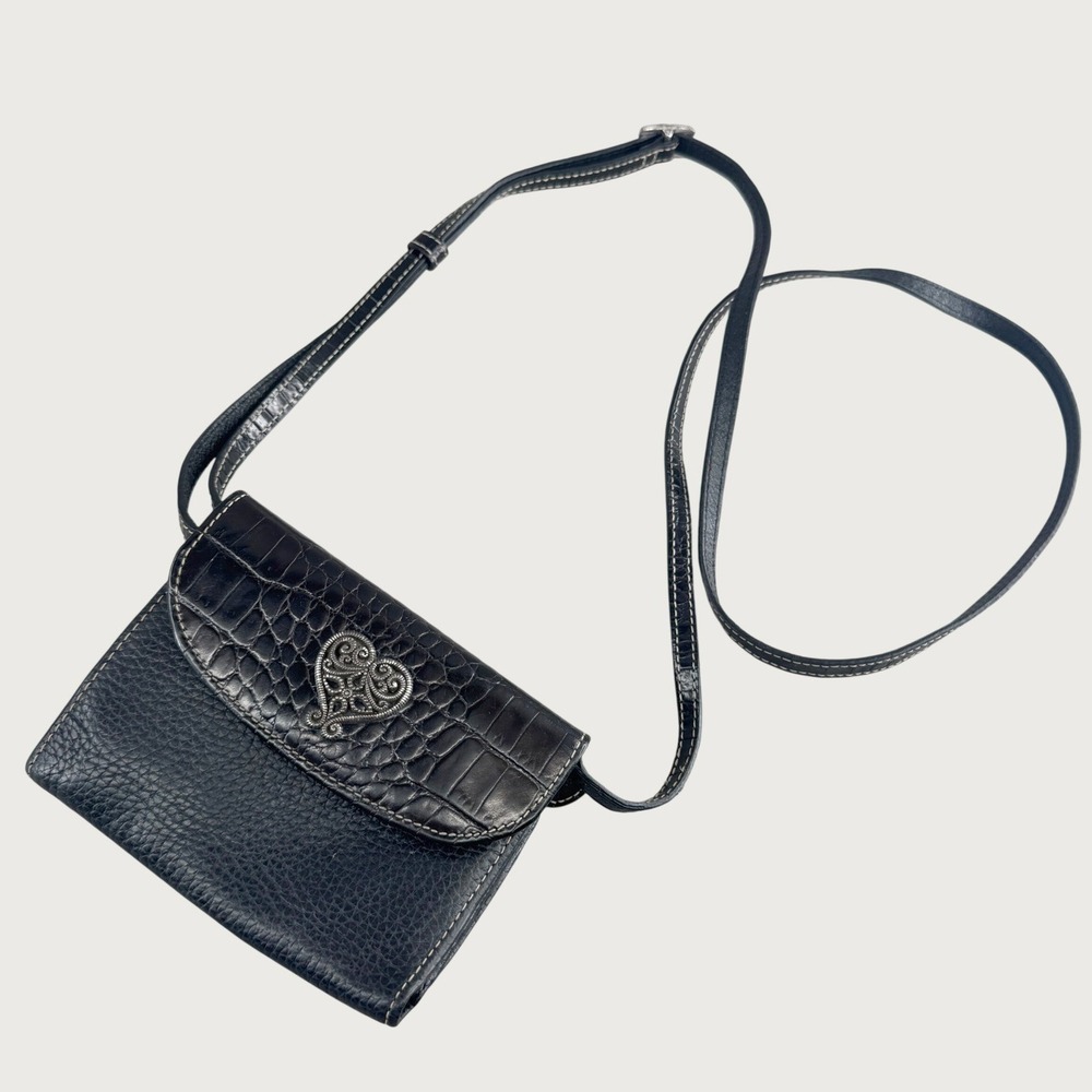 Brighton Womens Leather Crossbody Organizer Wallet Croc Heart Black Brown VTG